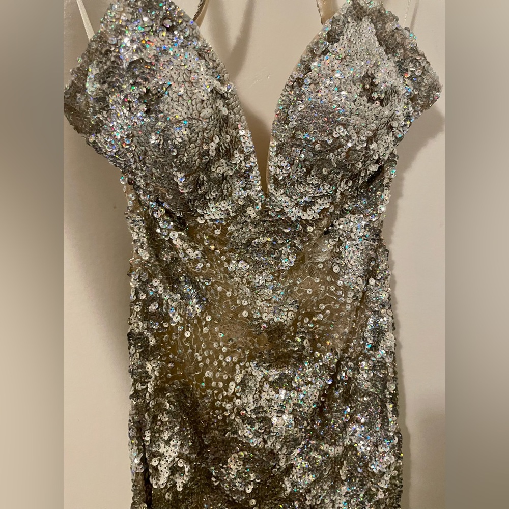 Jovani Glittering Silver Mini Dress - Picture 5 of 11